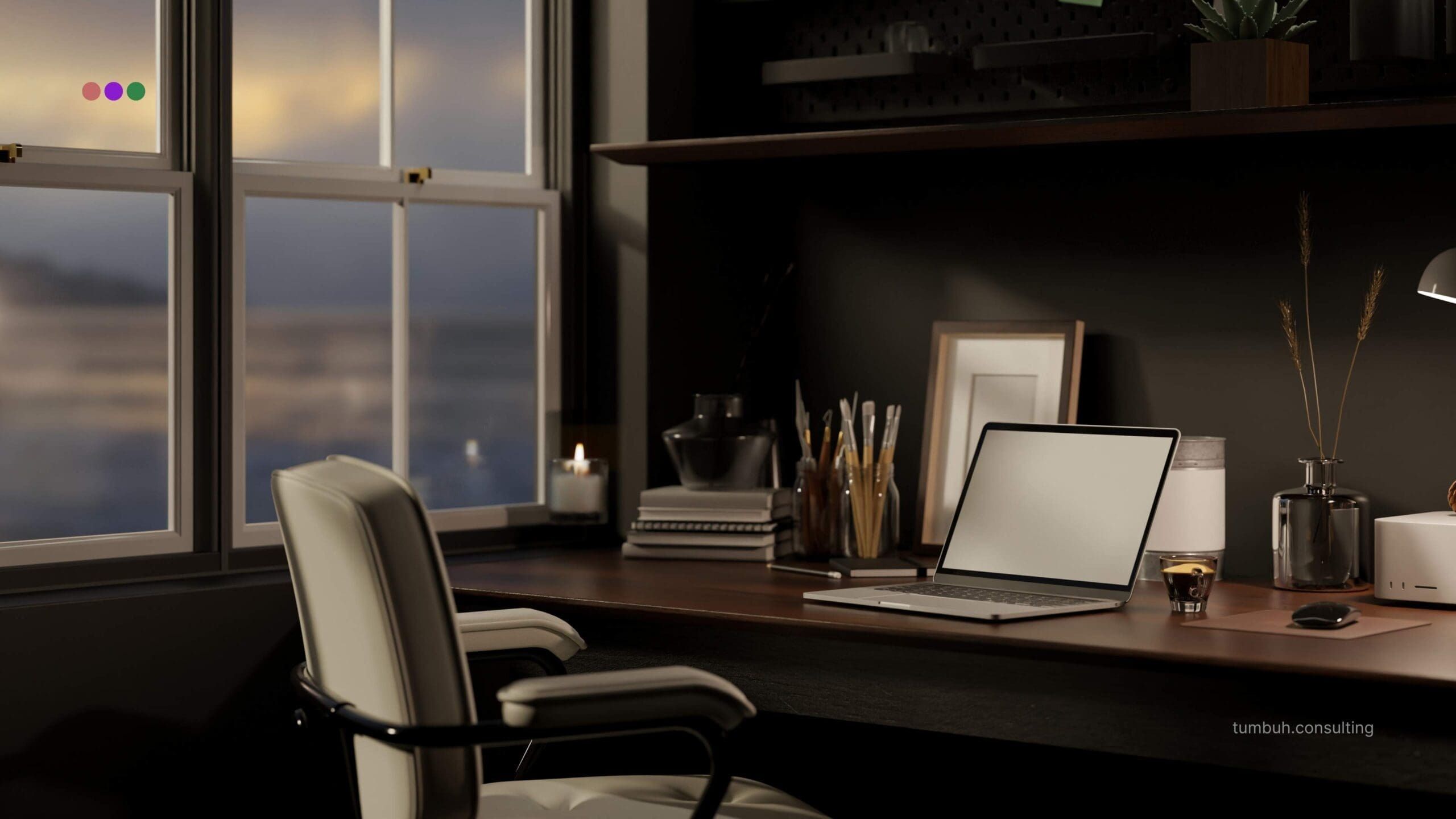 A tidy workspace at night — an open laptop, an empty chair, and a window fading from day to dark — capturing the quiet pause before TUMBUH redefined its voice.