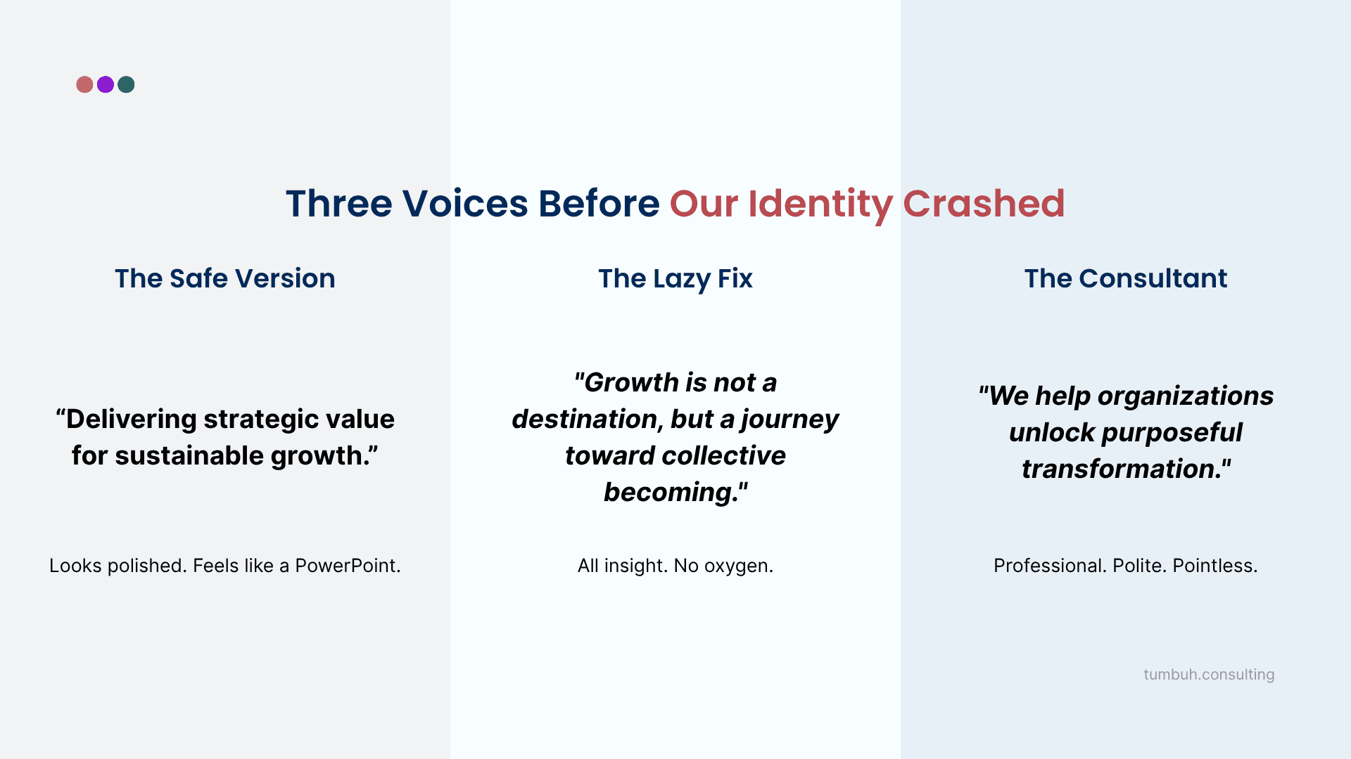 Visual comparison of TUMBUH's early copy styles — Safe, Lazy, and Consultant — before the voice found its truth.